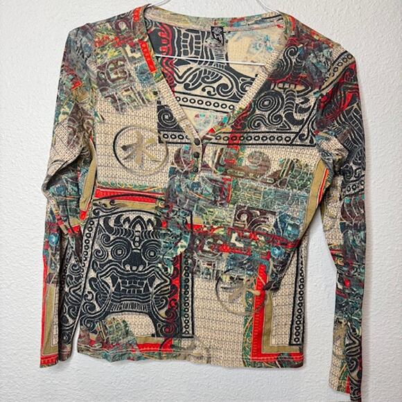 Vintage Silk Blend Graphic Print V-Neck Pullover Top Small - Picture 1 of 9